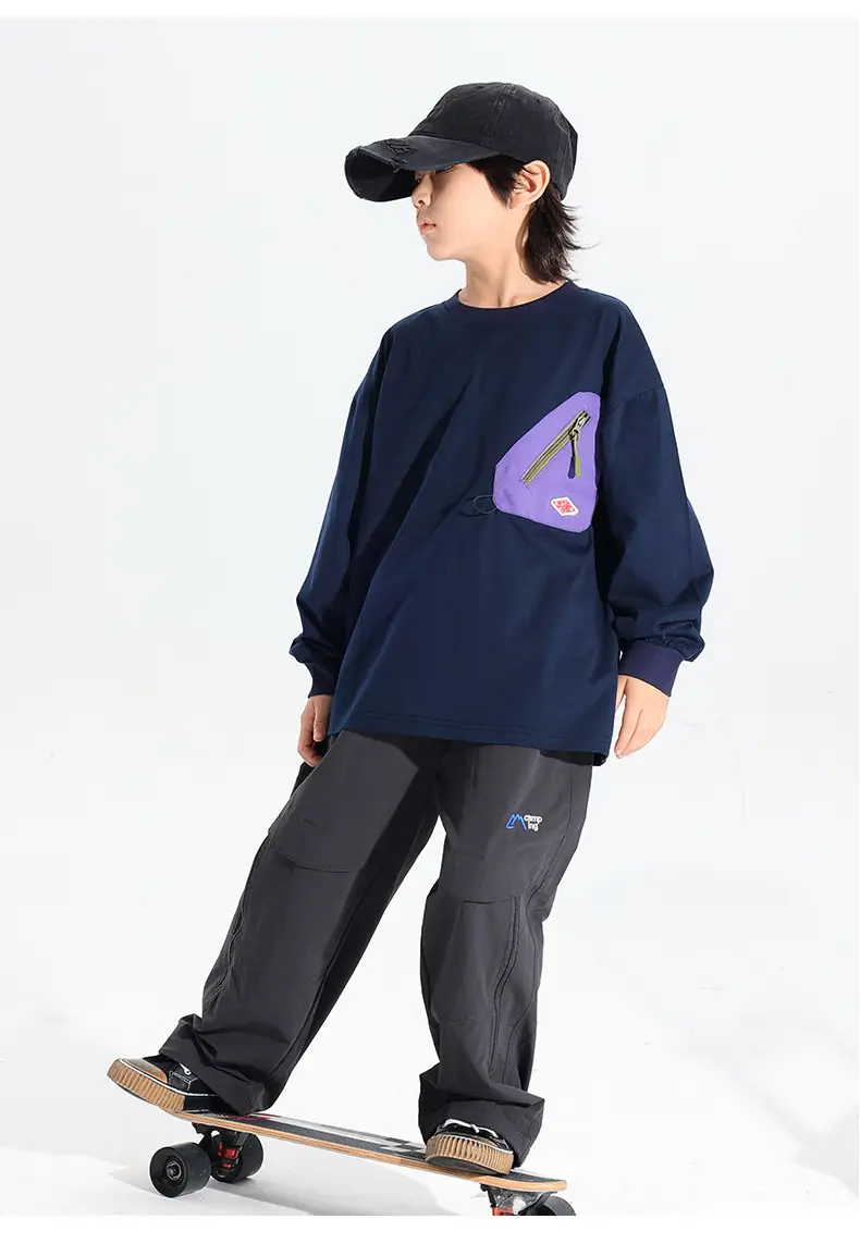 Japanese Style Boys T-Shirt Navy Blue Purple Pocket 2025 — feature 25