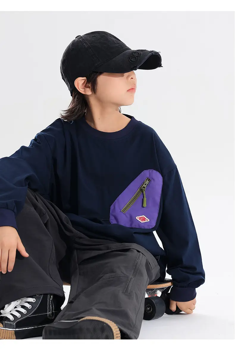 Japanese Style Boys T-Shirt Navy Blue Purple Pocket 2025 — feature 26