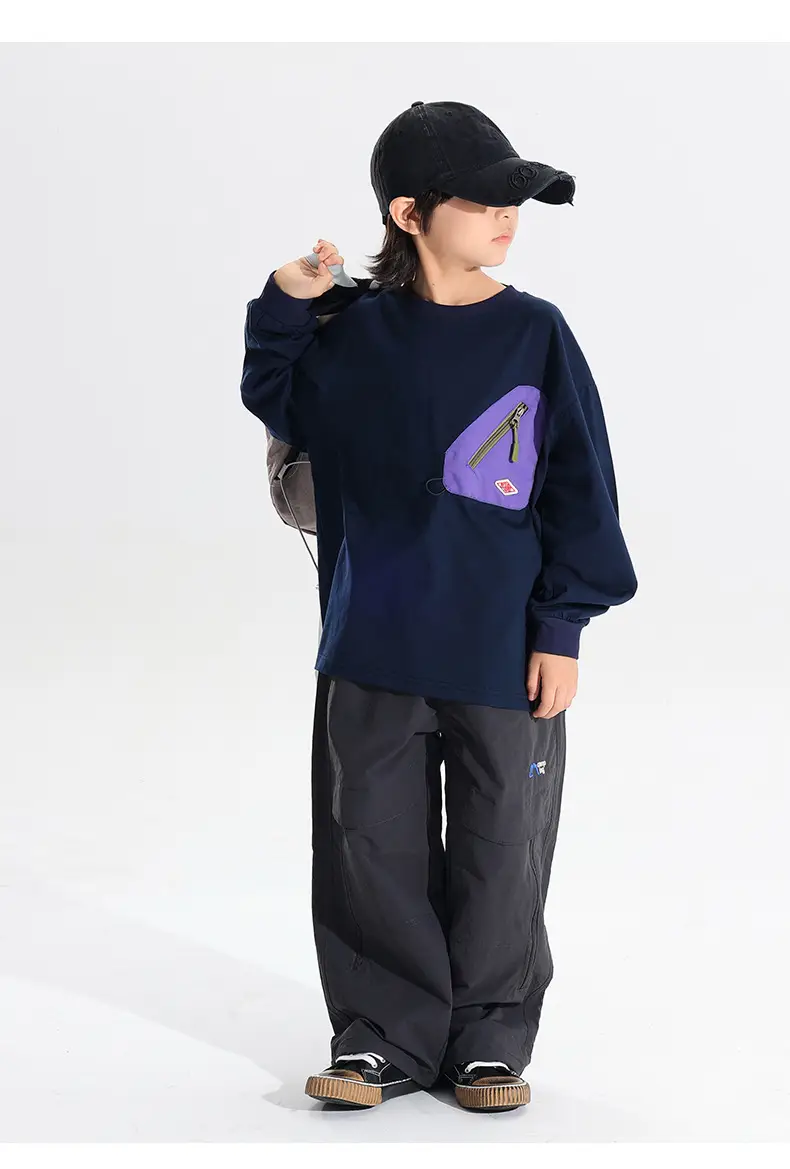 Japanese Style Boys T-Shirt Navy Blue Purple Pocket 2025 — feature 27