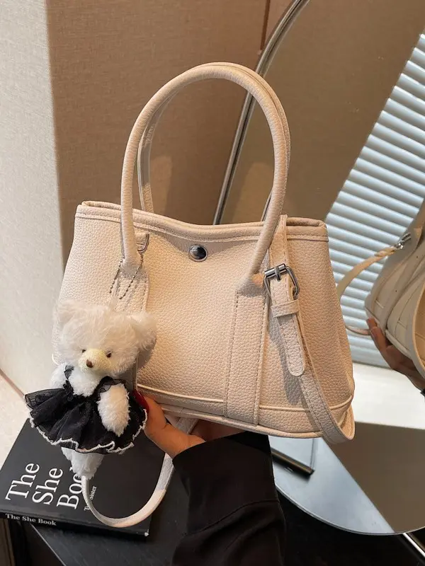 Women's Beige Leather Shoulder Bag with Teddy Bear Accessory