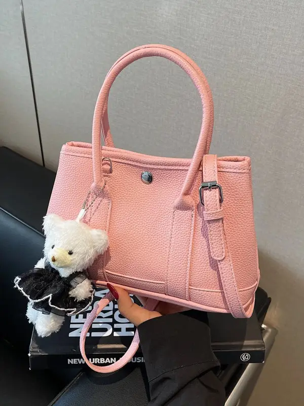Women's Beige Leather Shoulder Bag with Teddy Bear Accessory