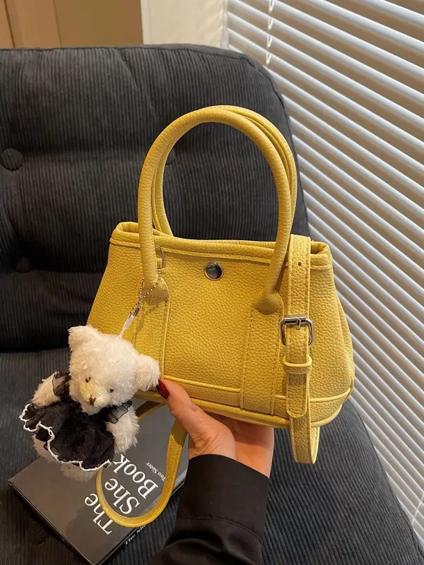 Women's Beige Leather Shoulder Bag with Teddy Bear Accessory