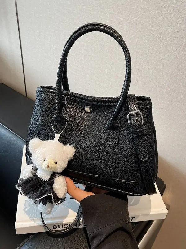 Women's Beige Leather Shoulder Bag with Teddy Bear Accessory