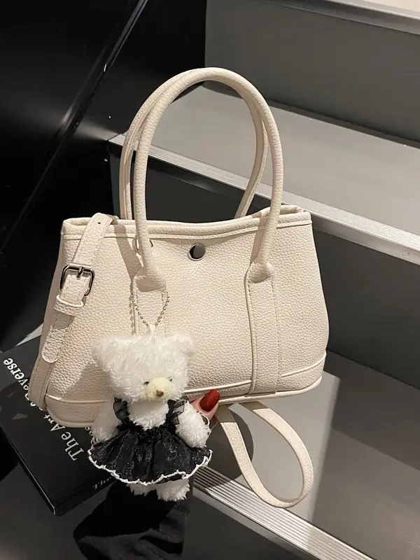 Women's Beige Leather Shoulder Bag with Teddy Bear Accessory