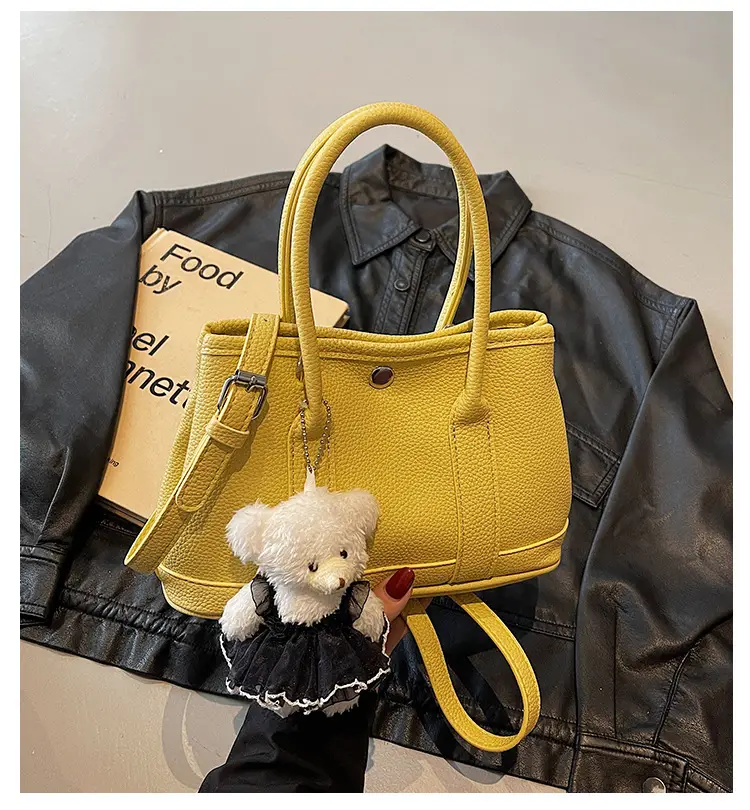Women's Beige Leather Shoulder Bag with Teddy Bear Accessory — feature 1