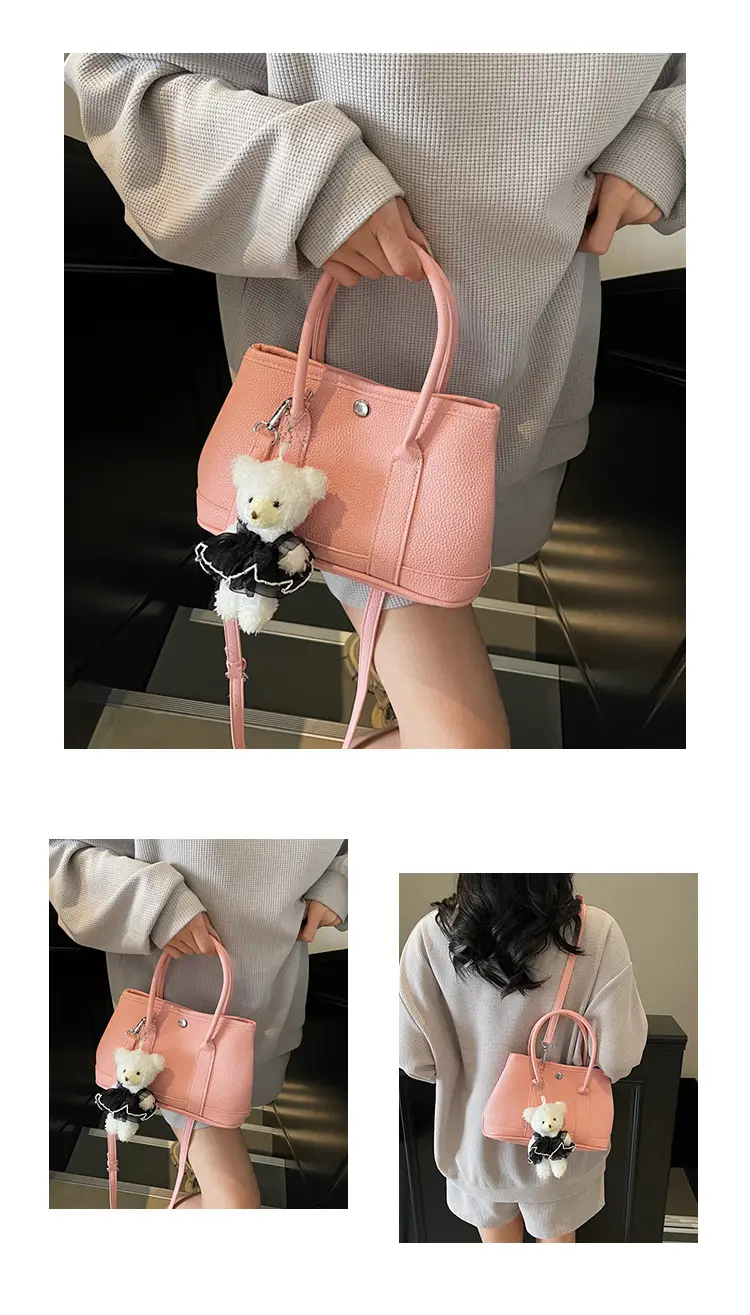 Women's Beige Leather Shoulder Bag with Teddy Bear Accessory — feature 10