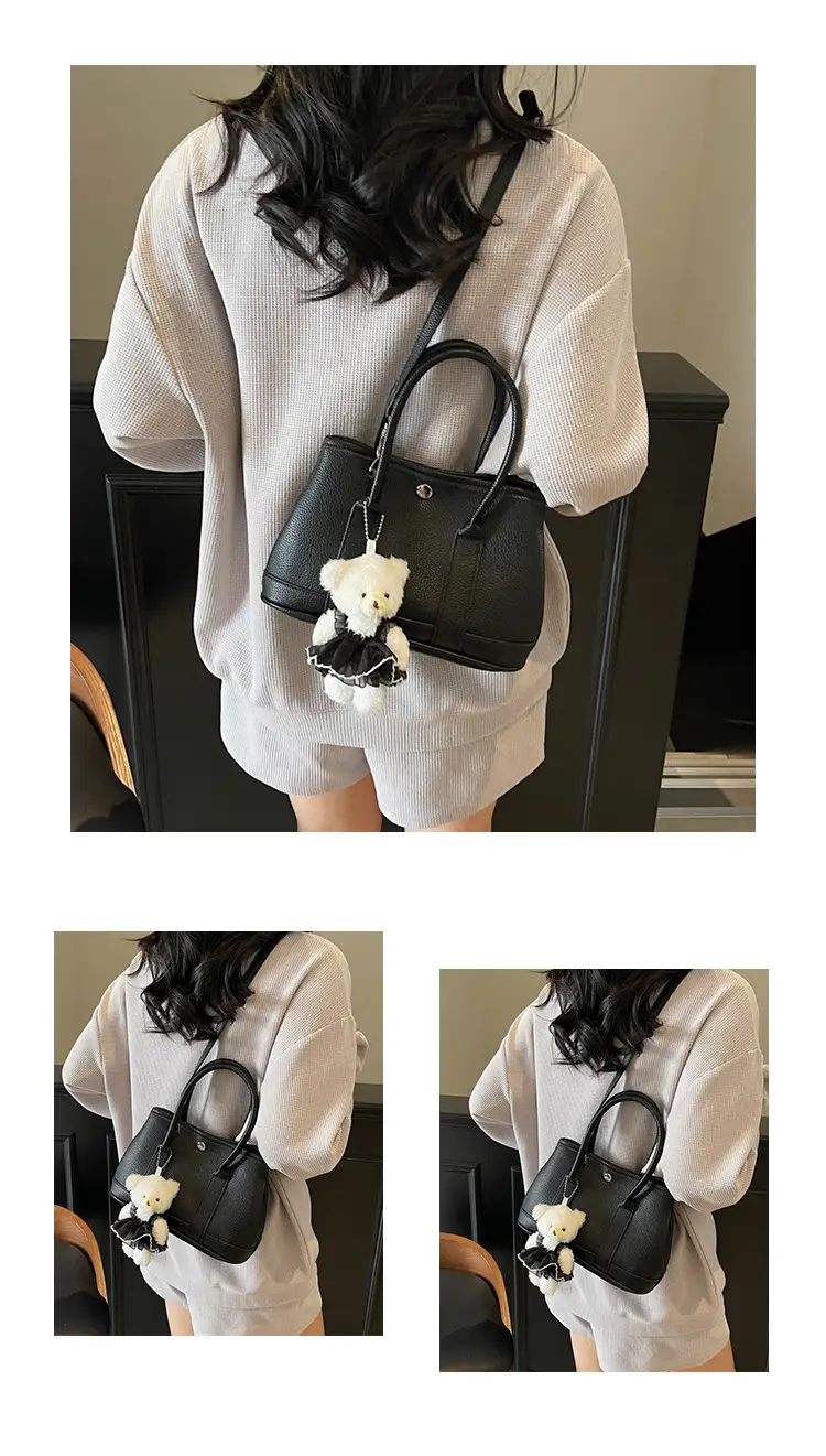 Women's Beige Leather Shoulder Bag with Teddy Bear Accessory — feature 11