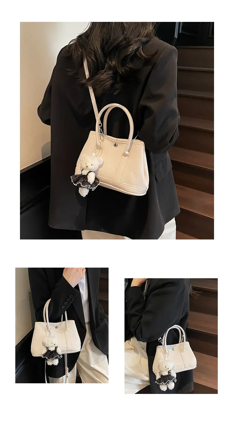Women's Beige Leather Shoulder Bag with Teddy Bear Accessory — feature 12