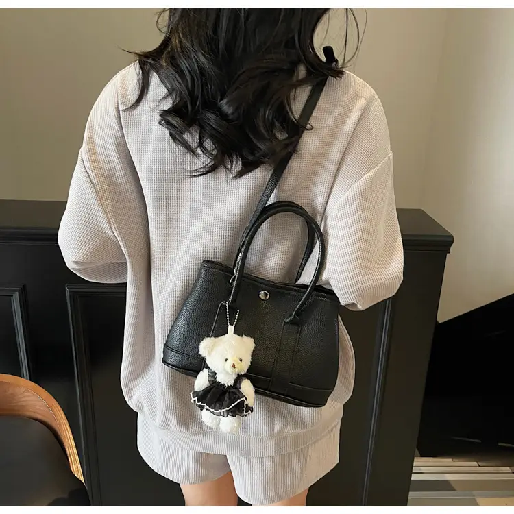 Women's Beige Leather Shoulder Bag with Teddy Bear Accessory — feature 13