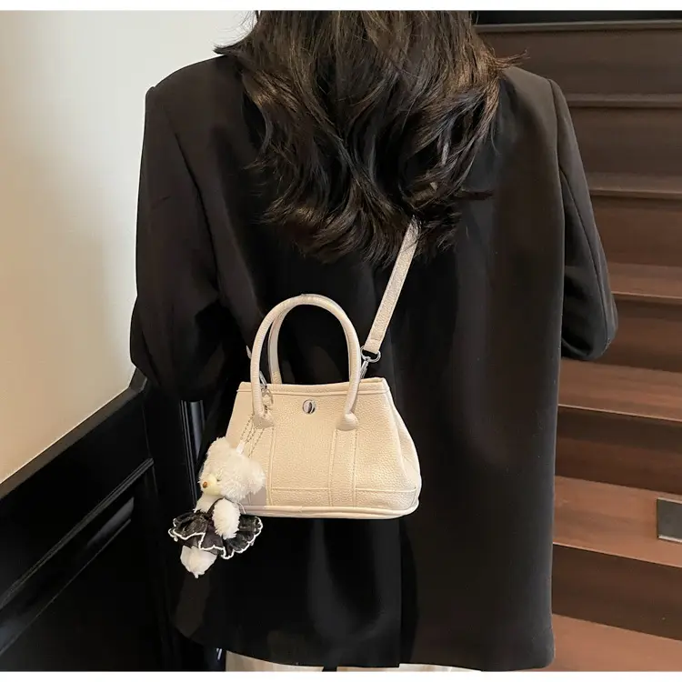 Women's Beige Leather Shoulder Bag with Teddy Bear Accessory — feature 15