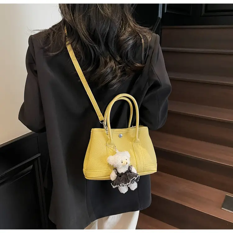 Women's Beige Leather Shoulder Bag with Teddy Bear Accessory — feature 16