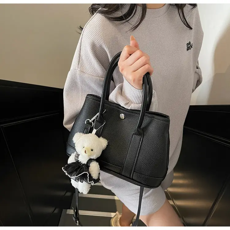 Women's Beige Leather Shoulder Bag with Teddy Bear Accessory — feature 17