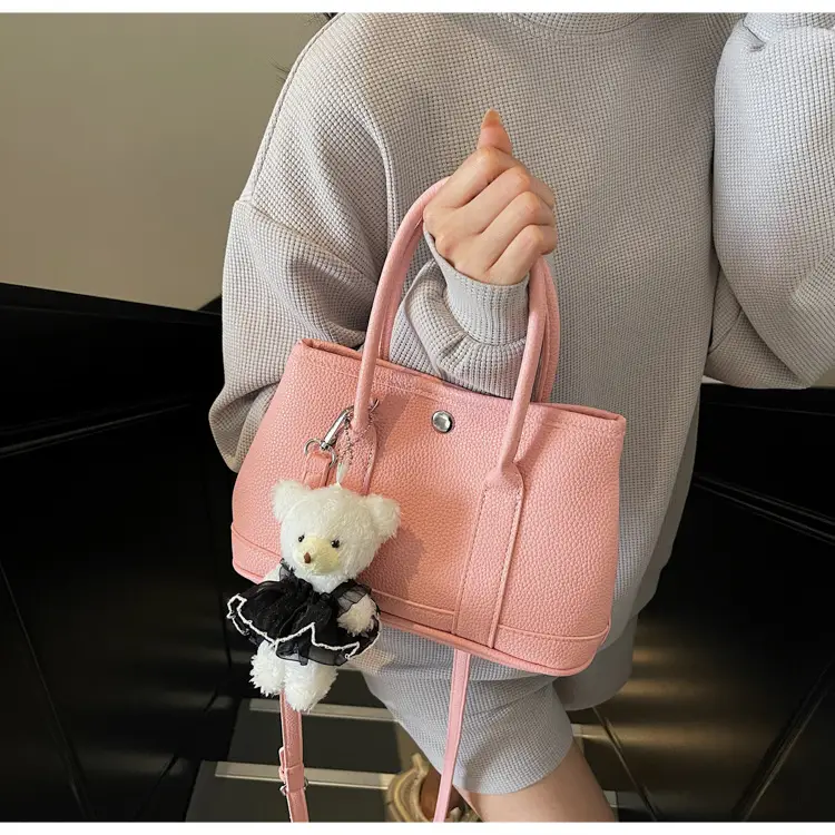 Women's Beige Leather Shoulder Bag with Teddy Bear Accessory — feature 18
