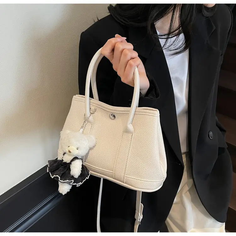 Women's Beige Leather Shoulder Bag with Teddy Bear Accessory — feature 19
