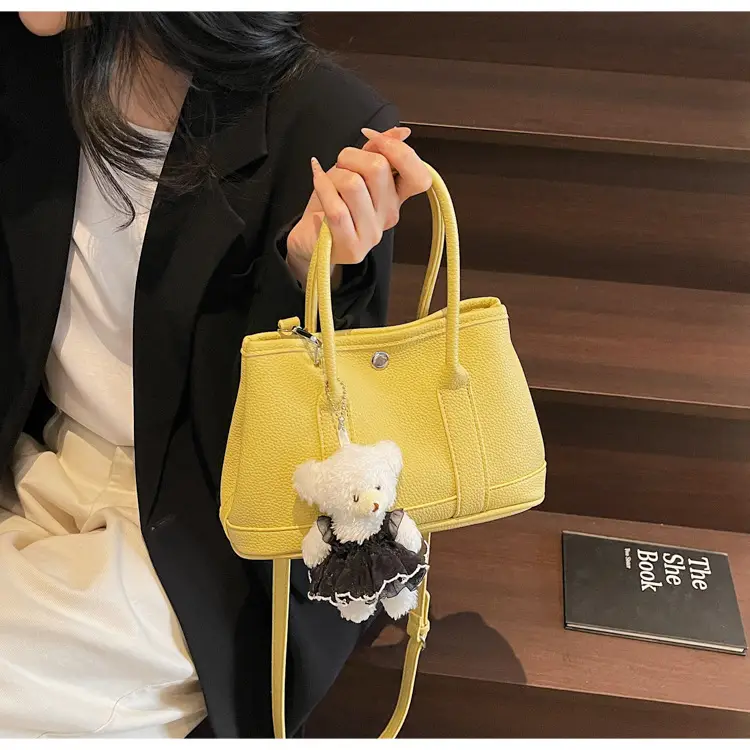 Women's Beige Leather Shoulder Bag with Teddy Bear Accessory — feature 20