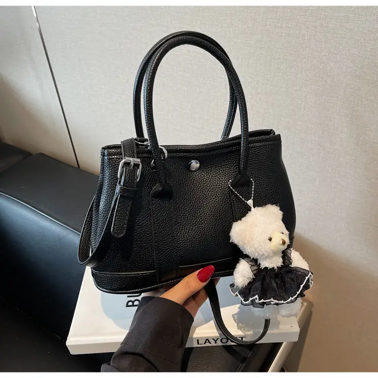 Women's Beige Leather Shoulder Bag with Teddy Bear Accessory — feature 21