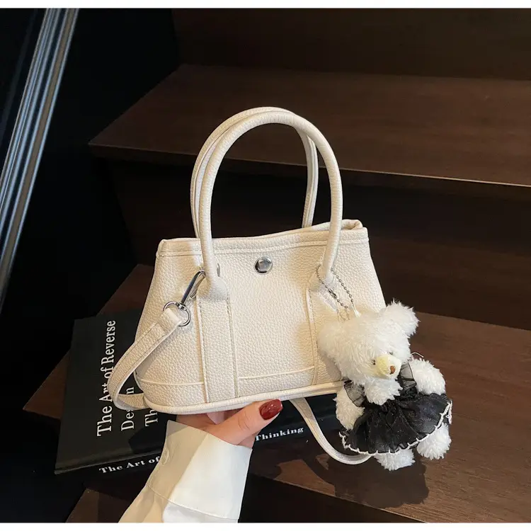 Women's Beige Leather Shoulder Bag with Teddy Bear Accessory — feature 23