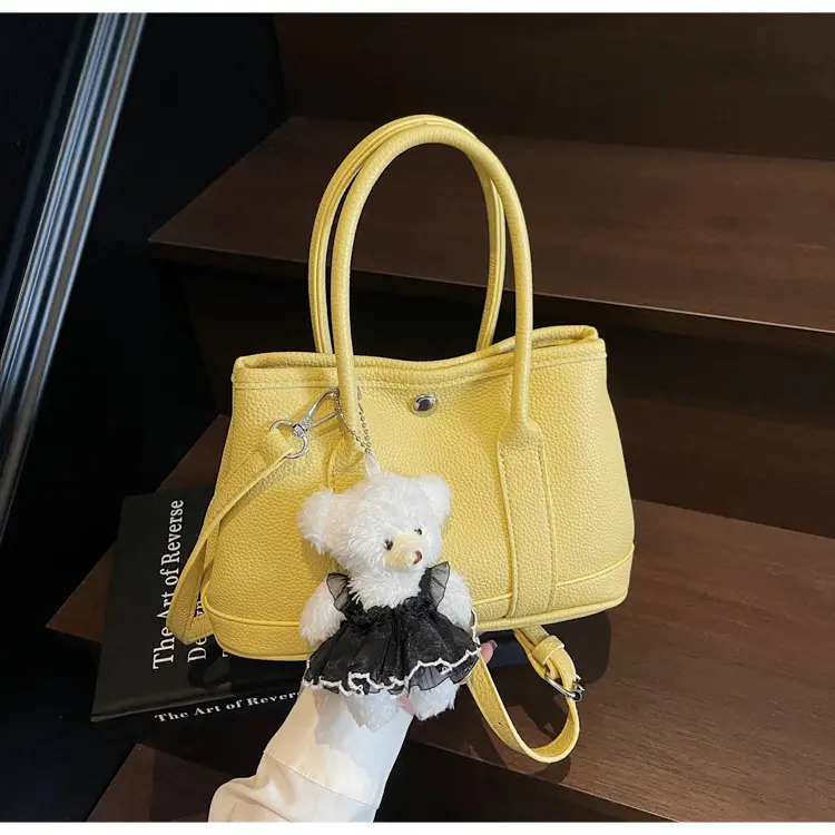 Women's Beige Leather Shoulder Bag with Teddy Bear Accessory — feature 24