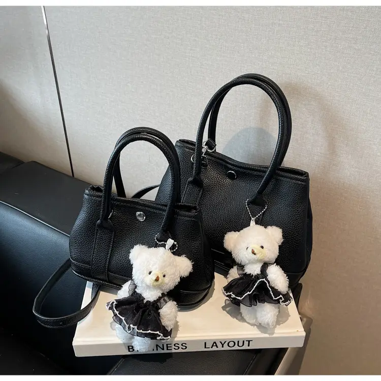 Women's Beige Leather Shoulder Bag with Teddy Bear Accessory — feature 25