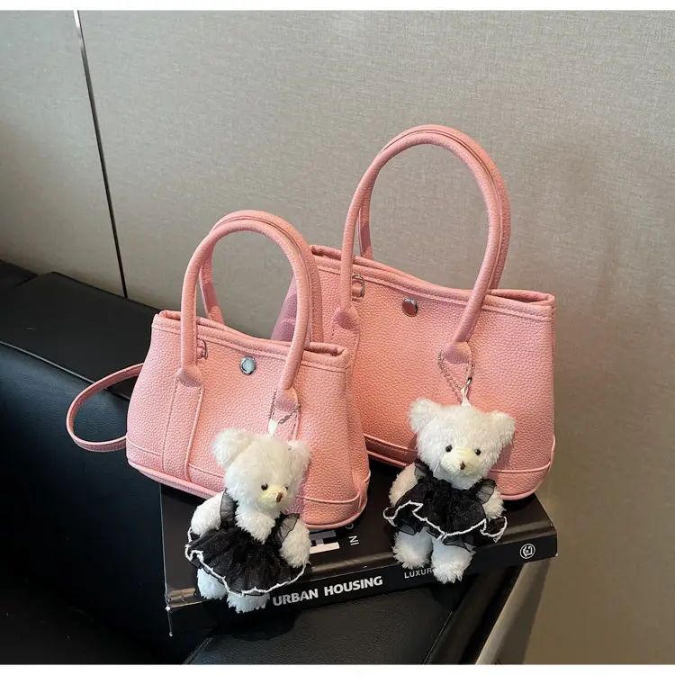Women's Beige Leather Shoulder Bag with Teddy Bear Accessory — feature 26
