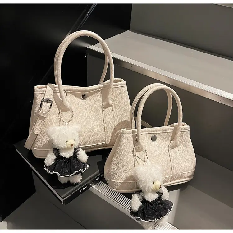 Women's Beige Leather Shoulder Bag with Teddy Bear Accessory — feature 27