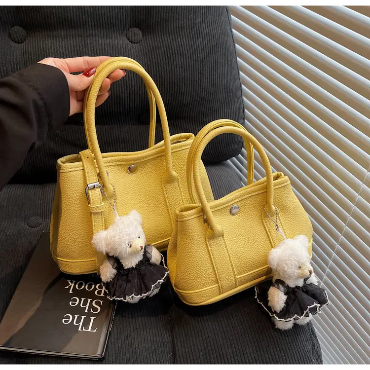 Women's Beige Leather Shoulder Bag with Teddy Bear Accessory — feature 28