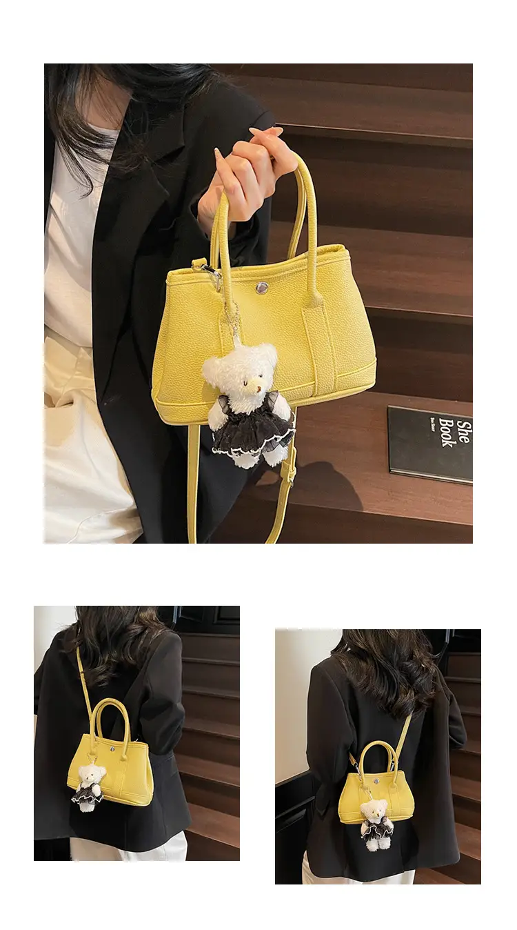 Women's Beige Leather Shoulder Bag with Teddy Bear Accessory — feature 9