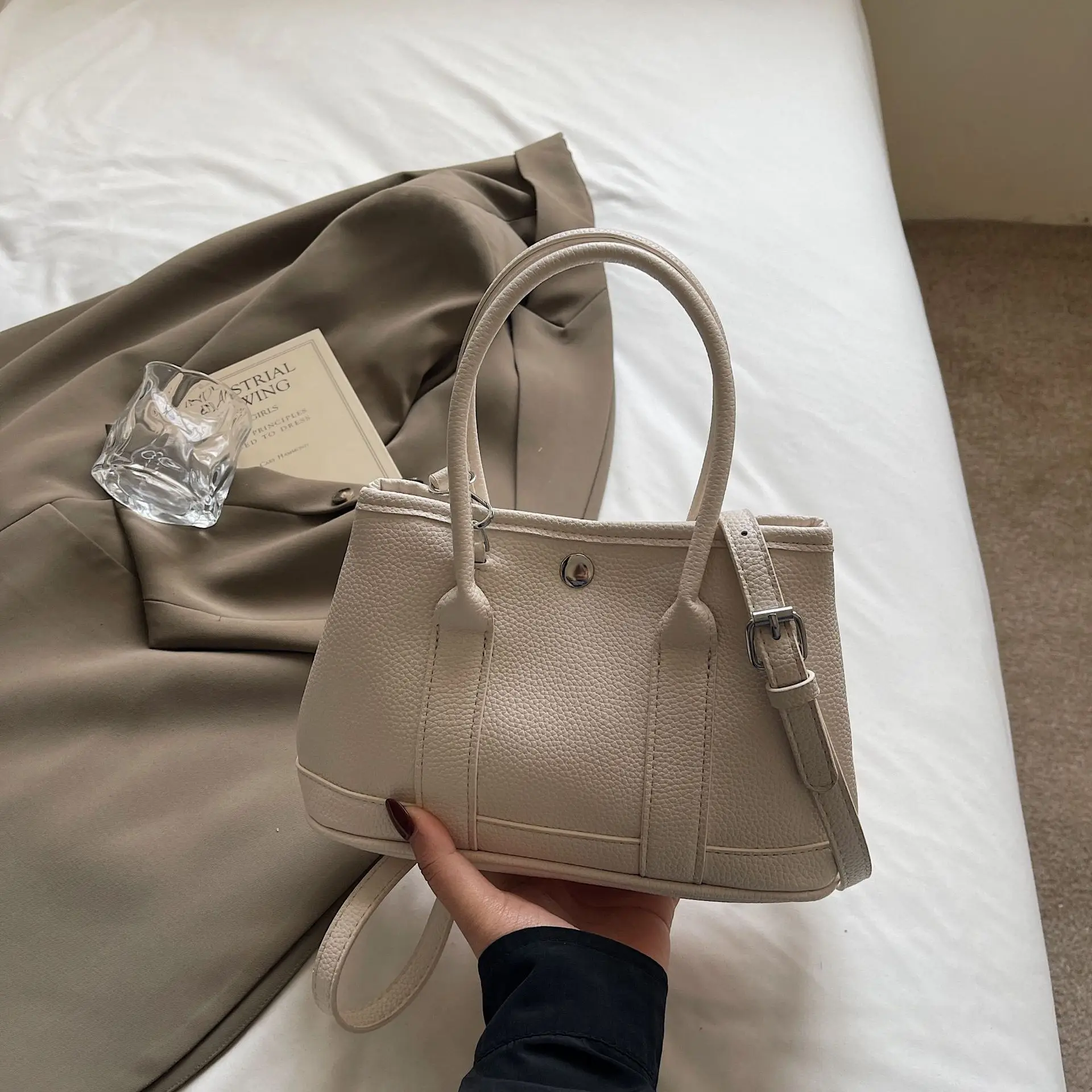 Women's Beige Leather Shoulder Bag with Teddy Bear Accessory