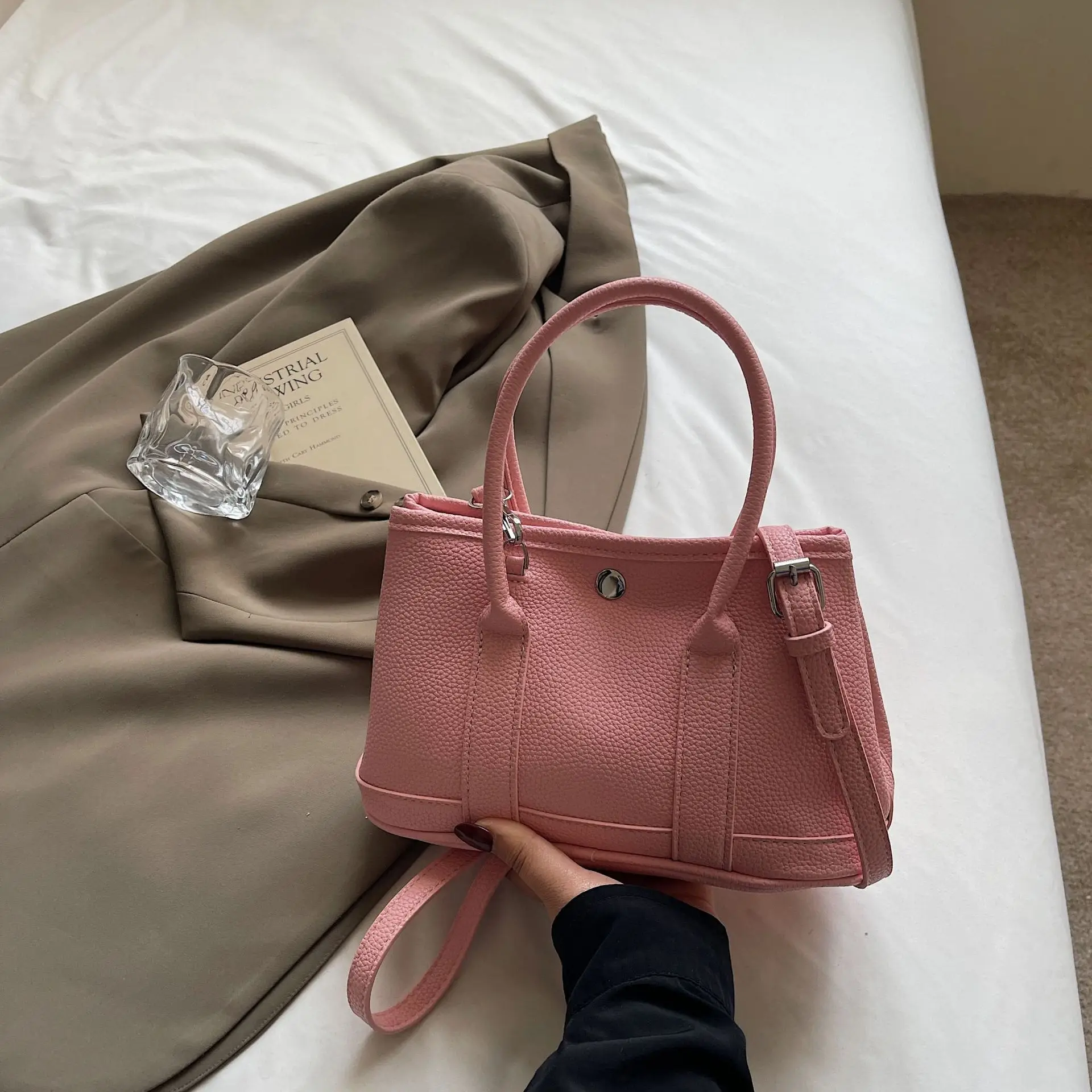 Women's Beige Leather Shoulder Bag with Teddy Bear Accessory