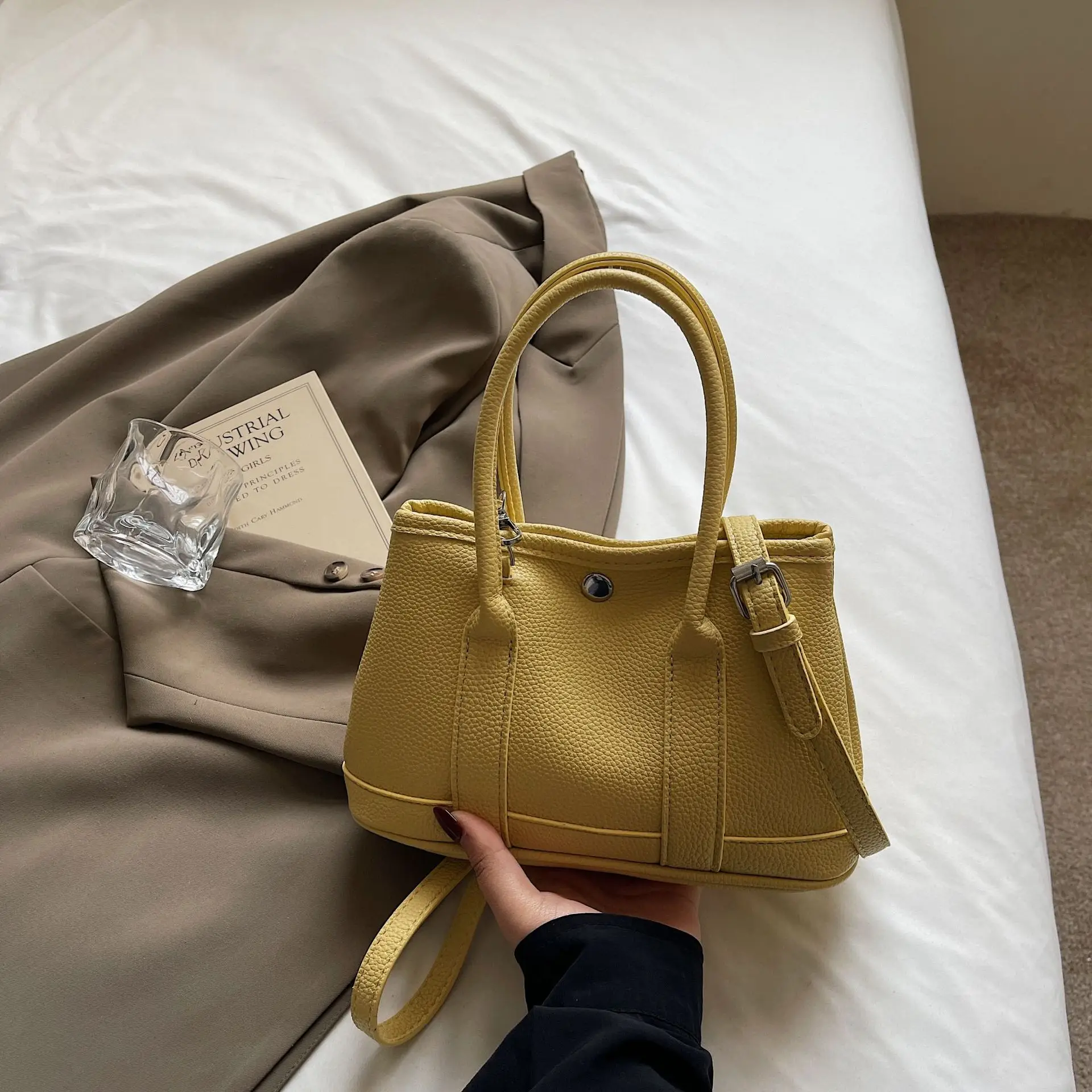 Women's Beige Leather Shoulder Bag with Teddy Bear Accessory