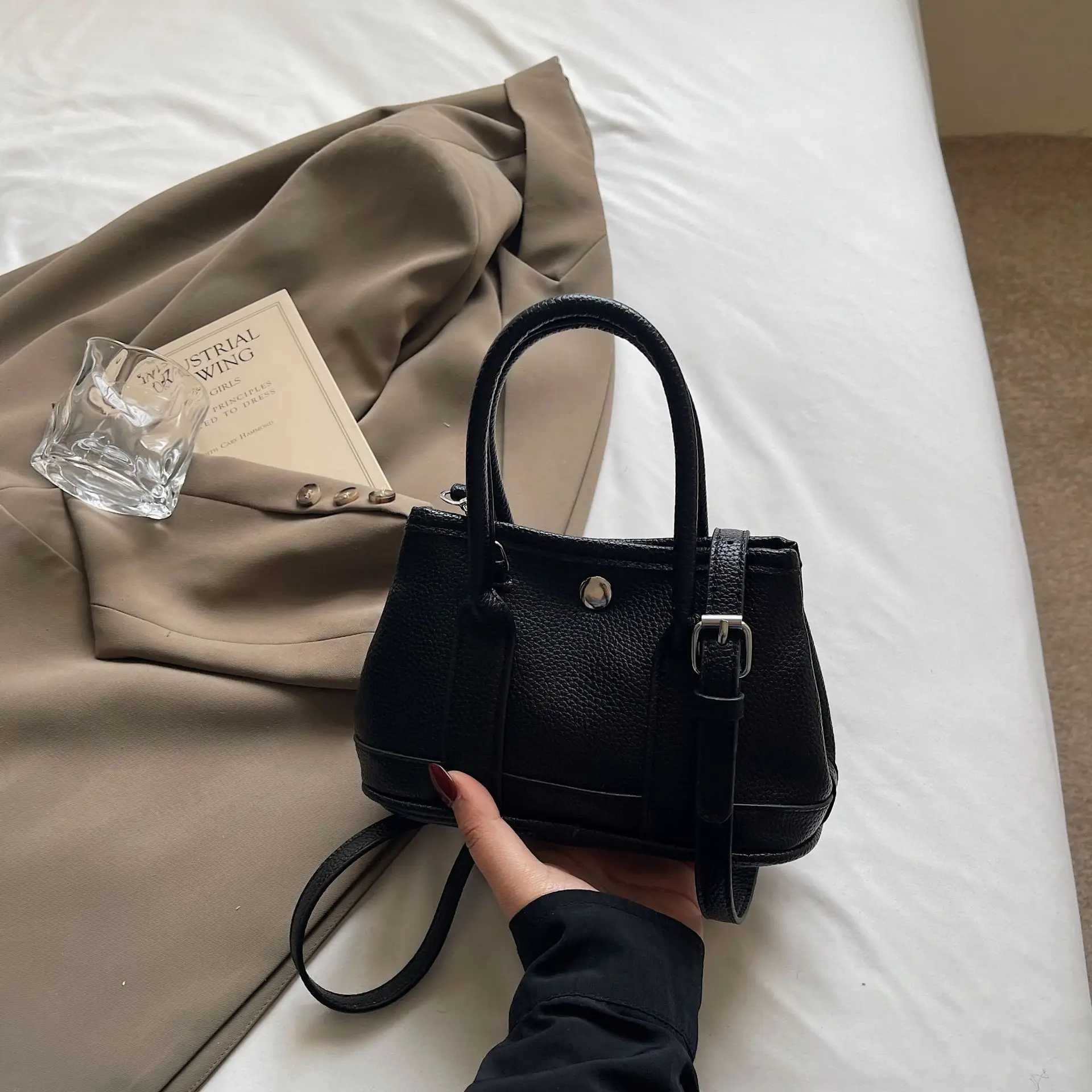 Women's Beige Leather Shoulder Bag with Teddy Bear Accessory
