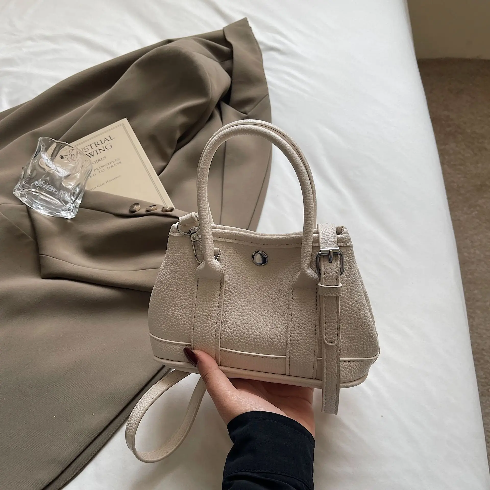 Women's Beige Leather Shoulder Bag with Teddy Bear Accessory