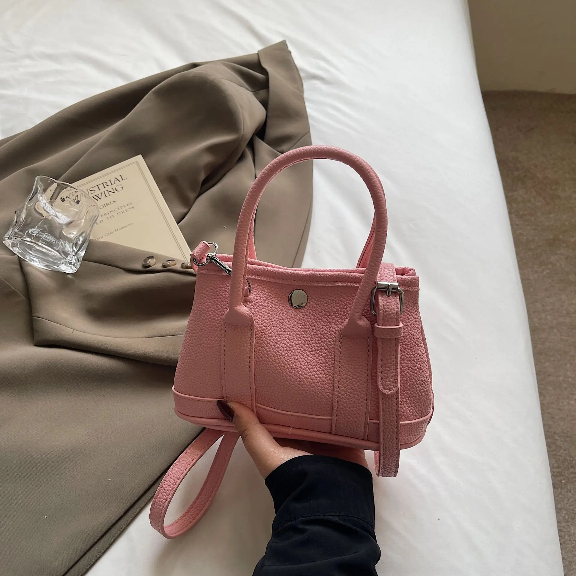Women's Beige Leather Shoulder Bag with Teddy Bear Accessory