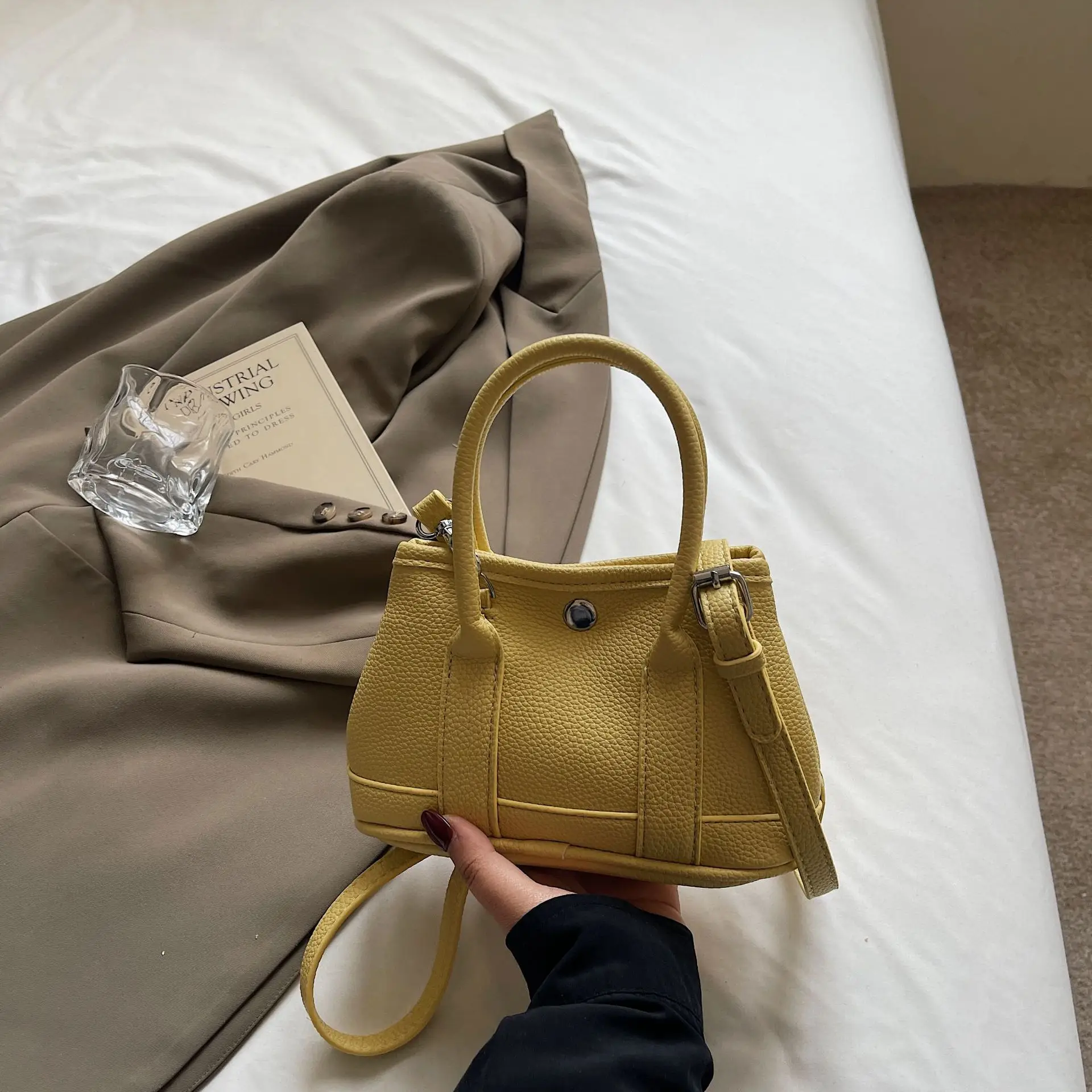 Women's Beige Leather Shoulder Bag with Teddy Bear Accessory