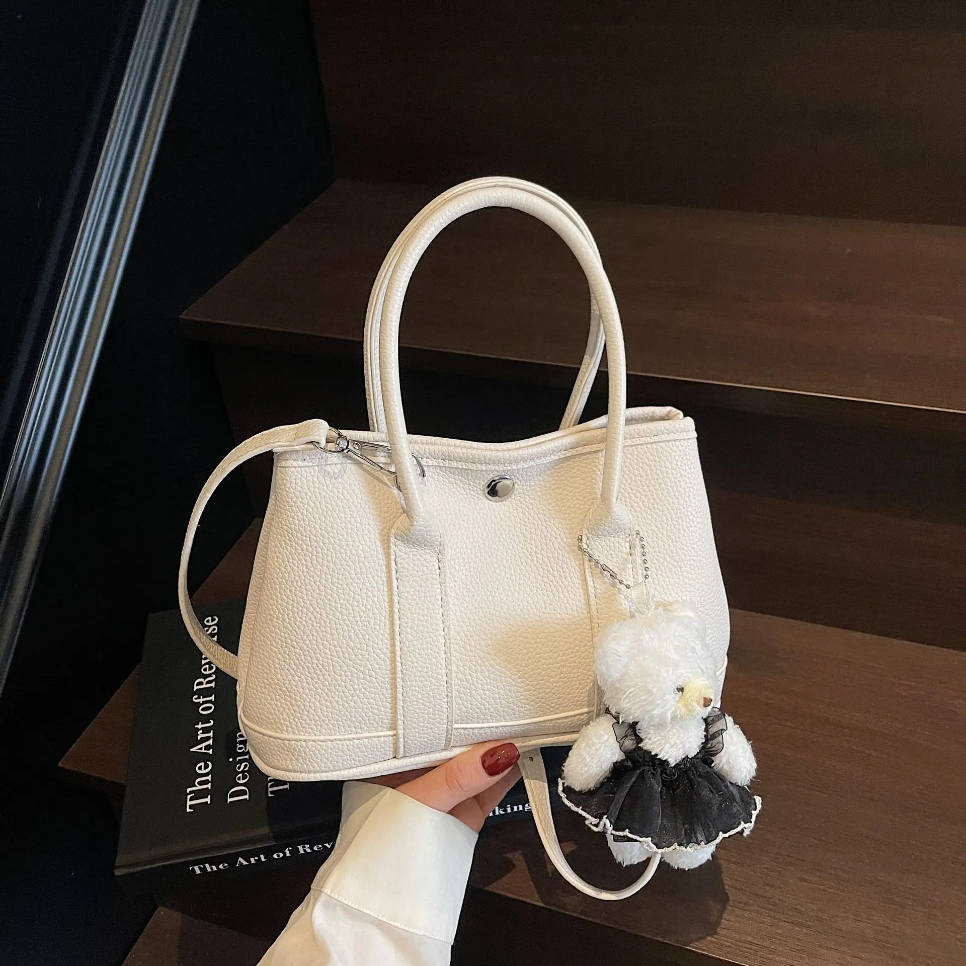 Women's Beige Leather Shoulder Bag with Teddy Bear Accessory