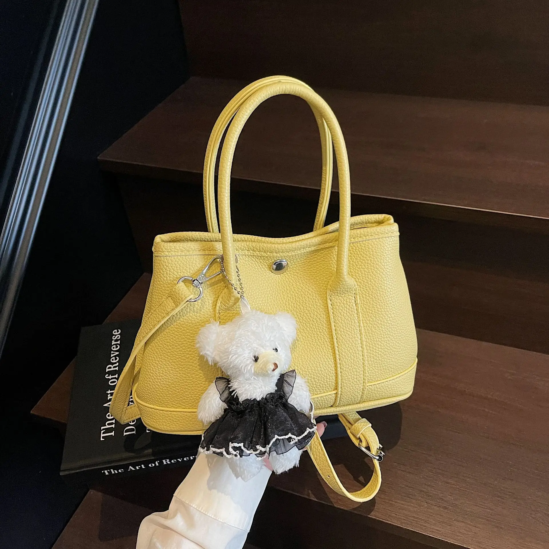 Women's Beige Leather Shoulder Bag with Teddy Bear Accessory