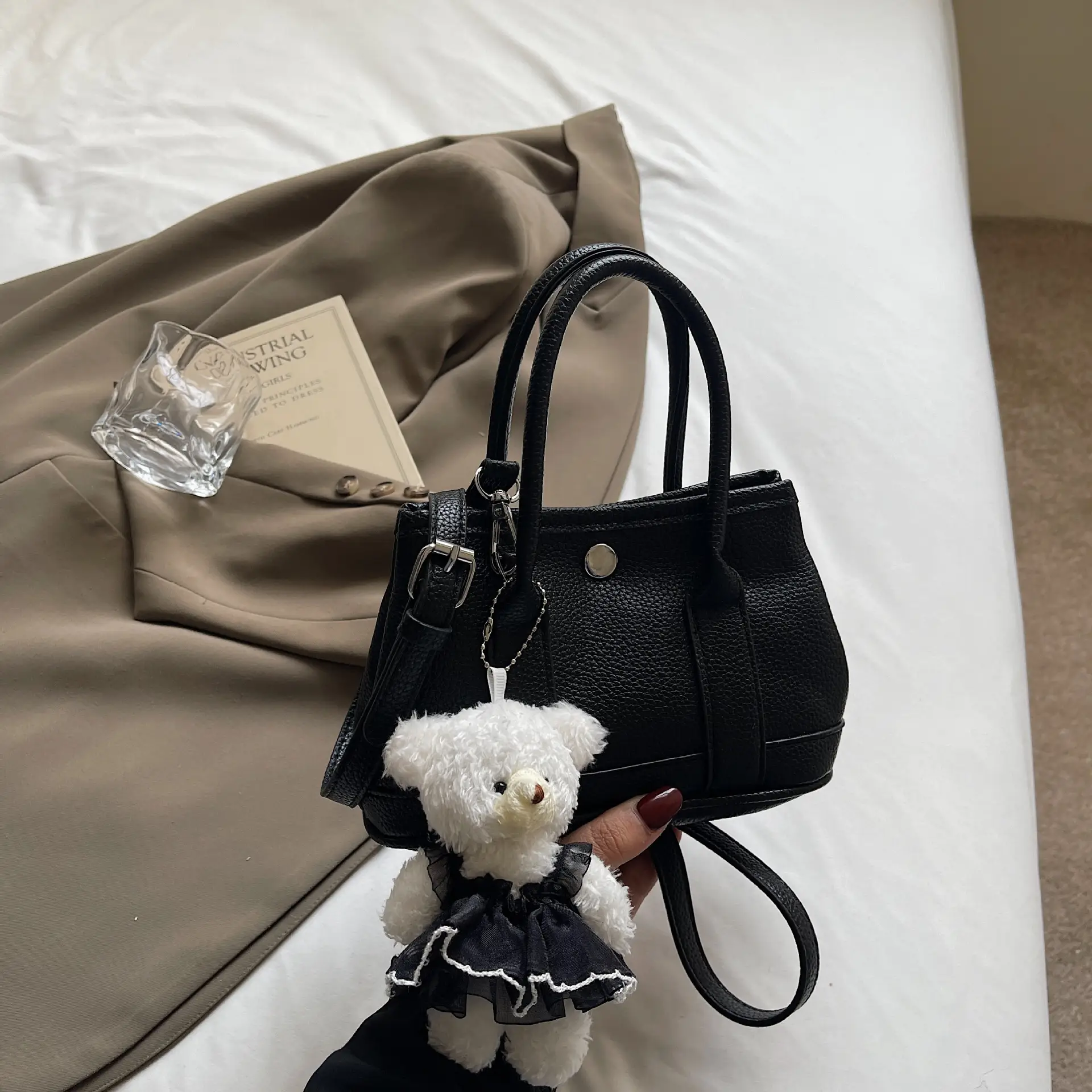 Women's Beige Leather Shoulder Bag with Teddy Bear Accessory