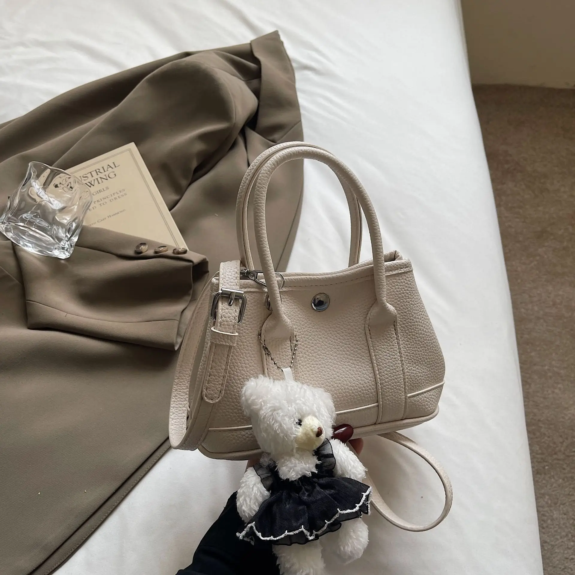Women's Beige Leather Shoulder Bag with Teddy Bear Accessory