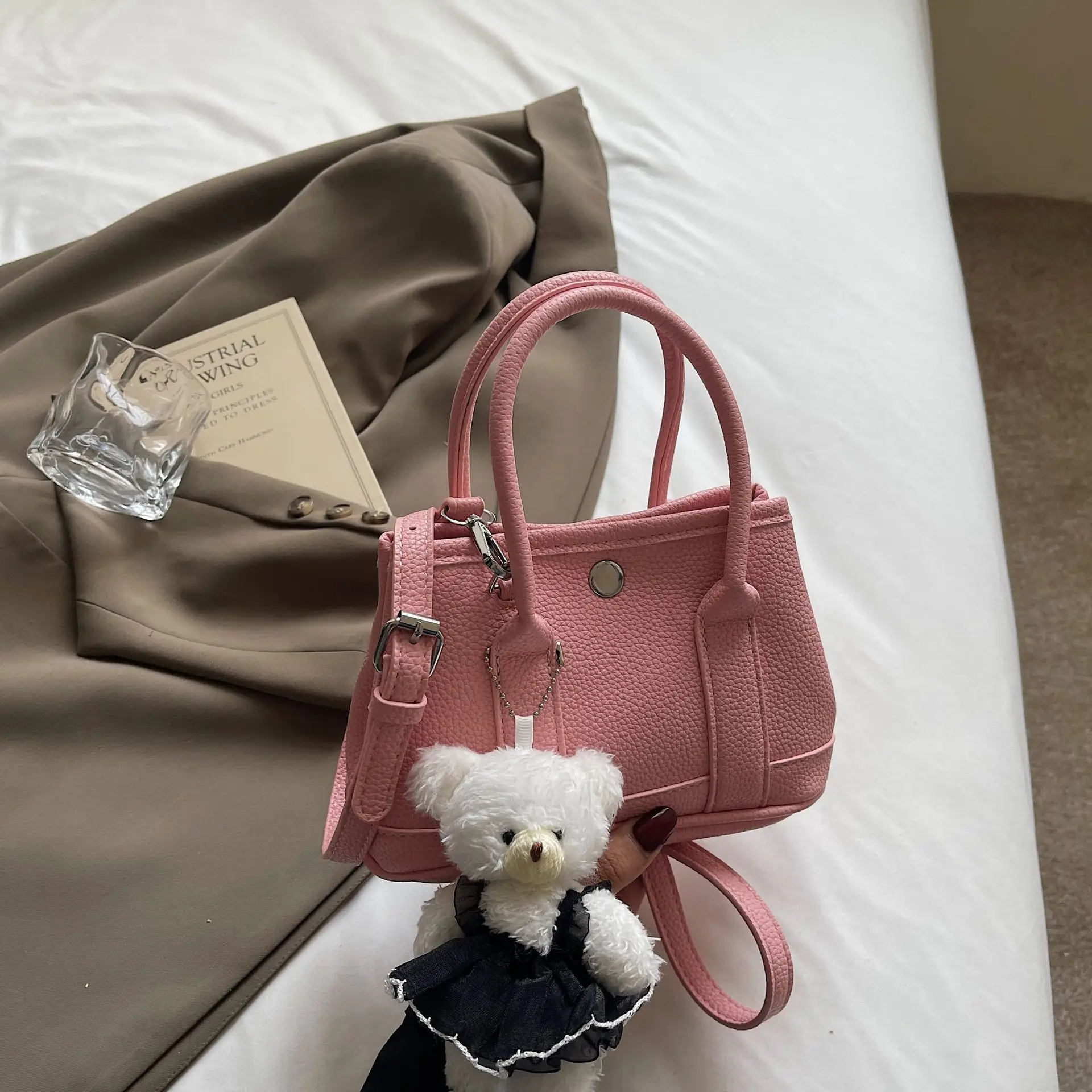 Women's Beige Leather Shoulder Bag with Teddy Bear Accessory