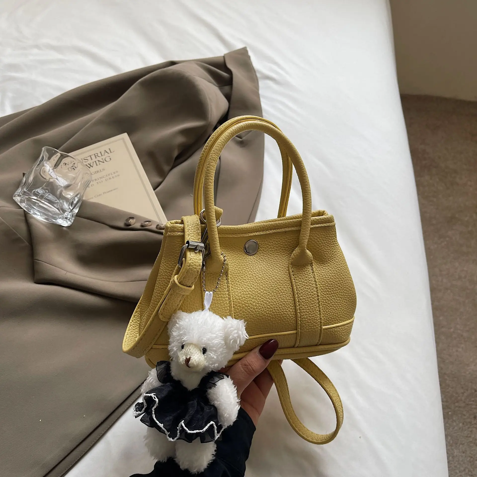 Women's Beige Leather Shoulder Bag with Teddy Bear Accessory
