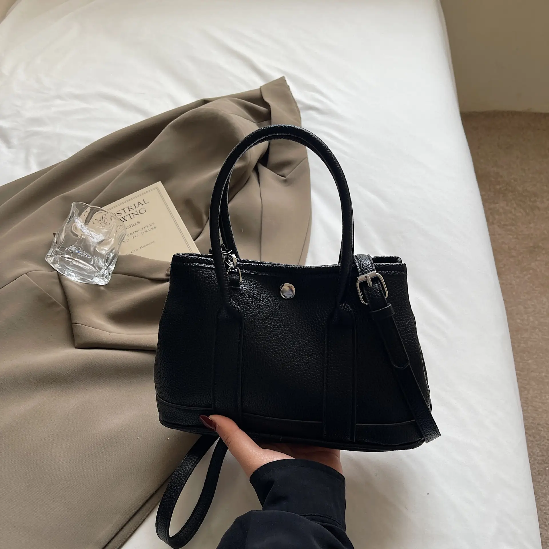 Women's Beige Leather Shoulder Bag with Teddy Bear Accessory
