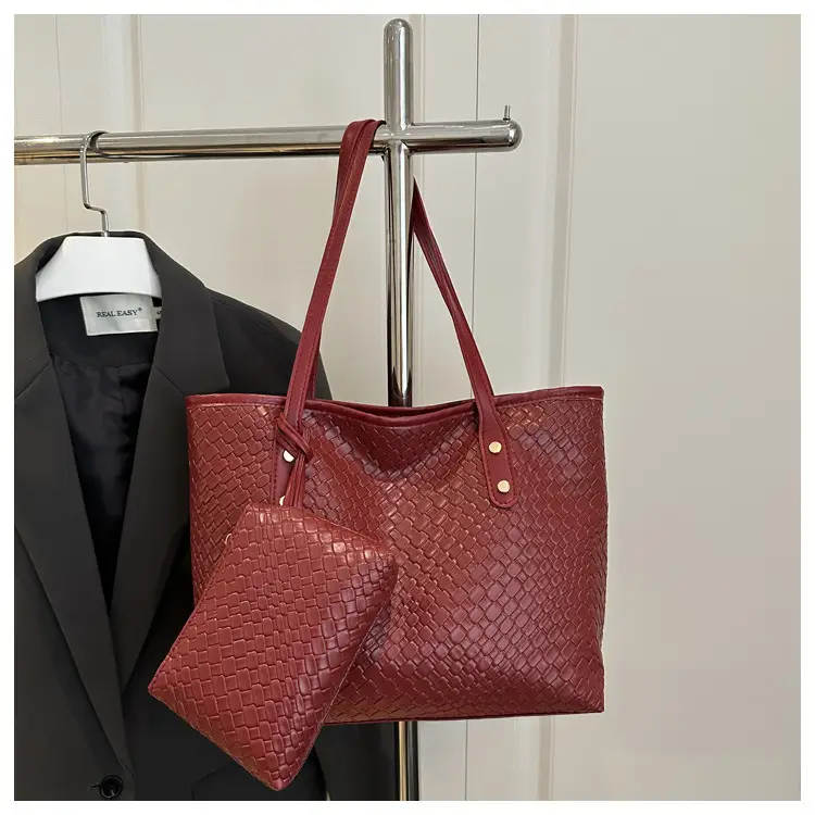 Retro Red Leather Tote Bag with Matching Pouch - Image 3
