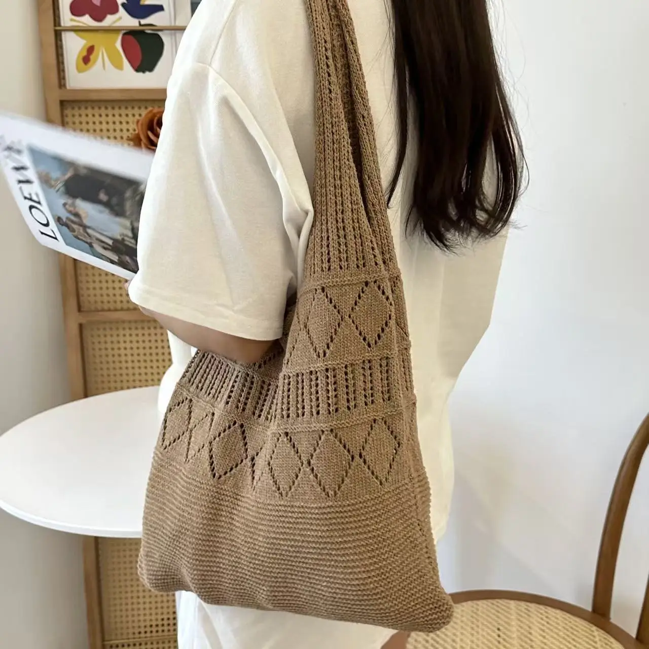 Women Cotton Knitted Mesh Shoulder Bag Large Capacity Summer Casual