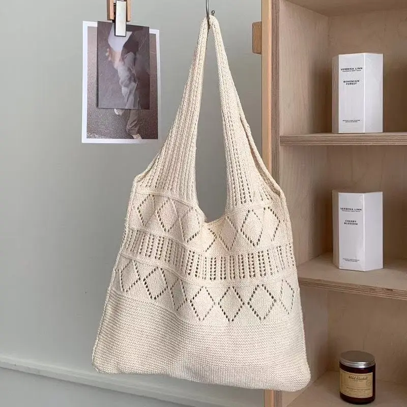 Women Cotton Knitted Mesh Shoulder Bag Large Capacity Summer Casual