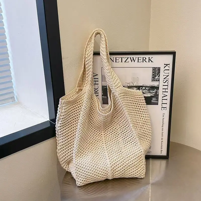 Women Cotton Knitted Mesh Shoulder Bag Large Capacity Summer Casual