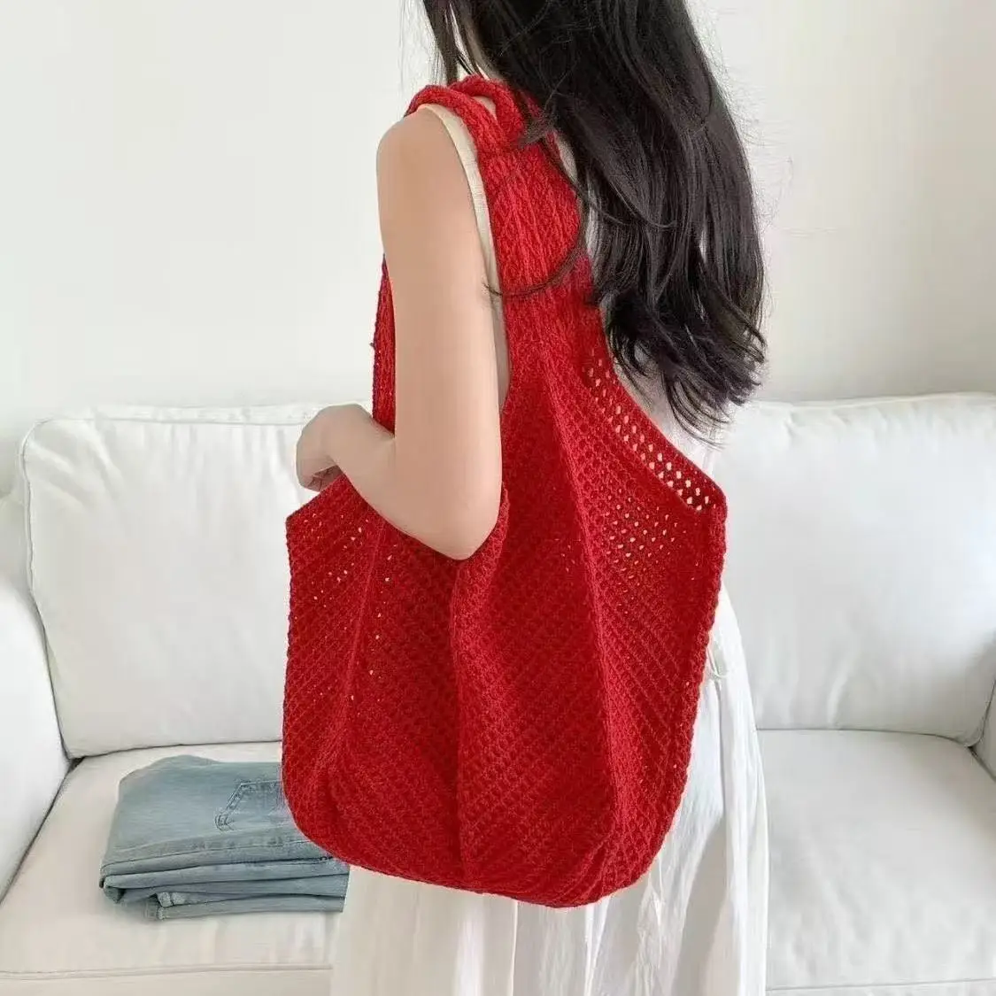 Women Cotton Knitted Mesh Shoulder Bag Large Capacity Summer Casual