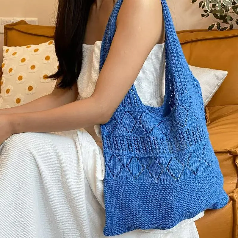 Women Cotton Knitted Mesh Shoulder Bag Large Capacity Summer Casual