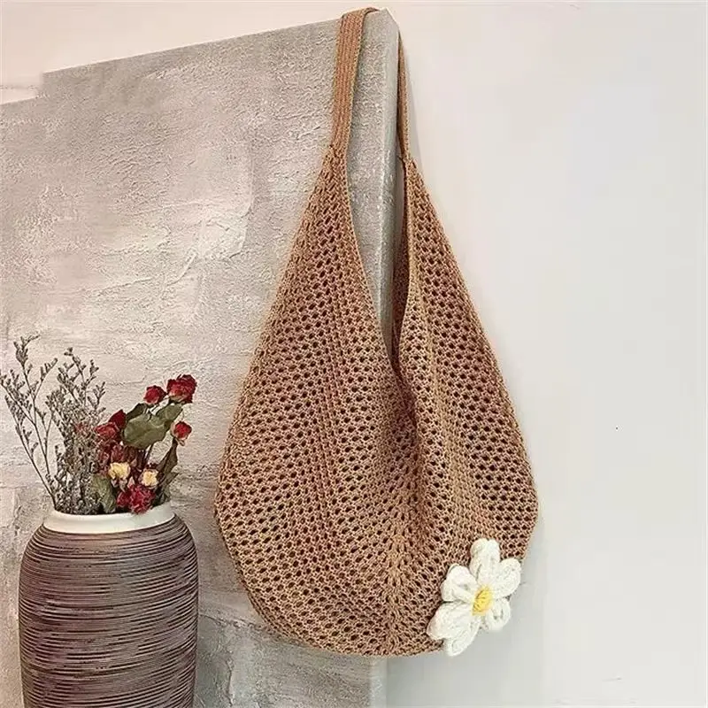 Women Cotton Knitted Mesh Shoulder Bag Large Capacity Summer Casual