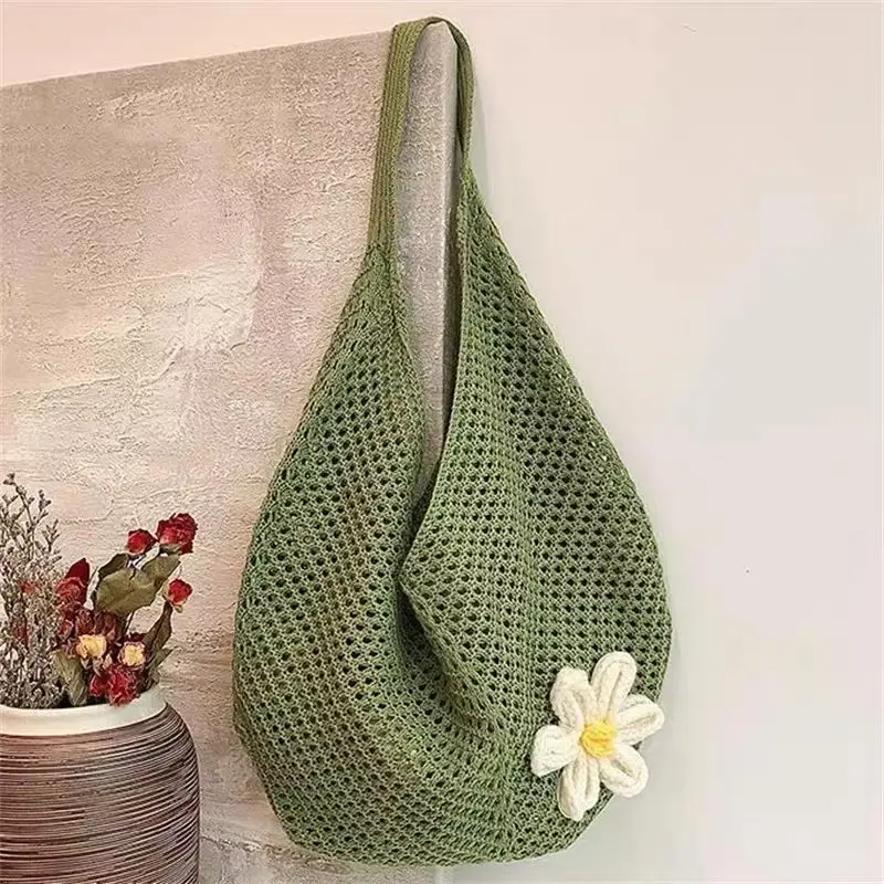 Women Cotton Knitted Mesh Shoulder Bag Large Capacity Summer Casual