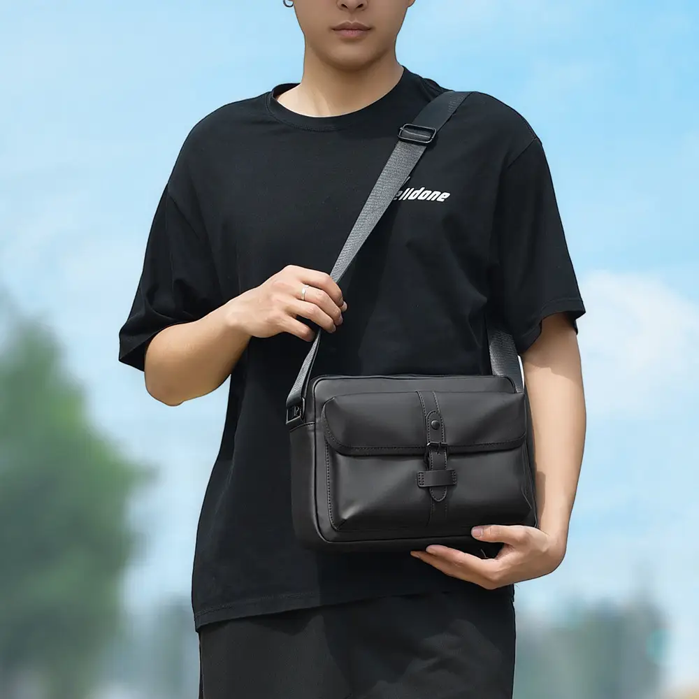 Men's Black Shoulder Crossbody Messenger Bag Lightweight Nylon - Image 7
